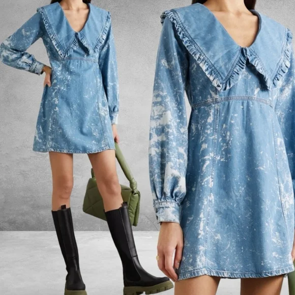 Ganni Net Sustain Ruffled Bleached Organic Denim Mini Dress Size 32 US 0 - Picture 1 of 8